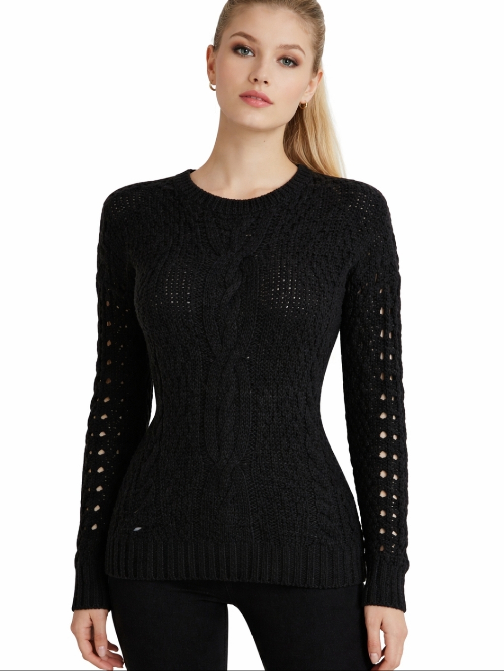 Vince Black Cable Knit Sweater Alpaca/Wool Designer Loose Weave Sz L